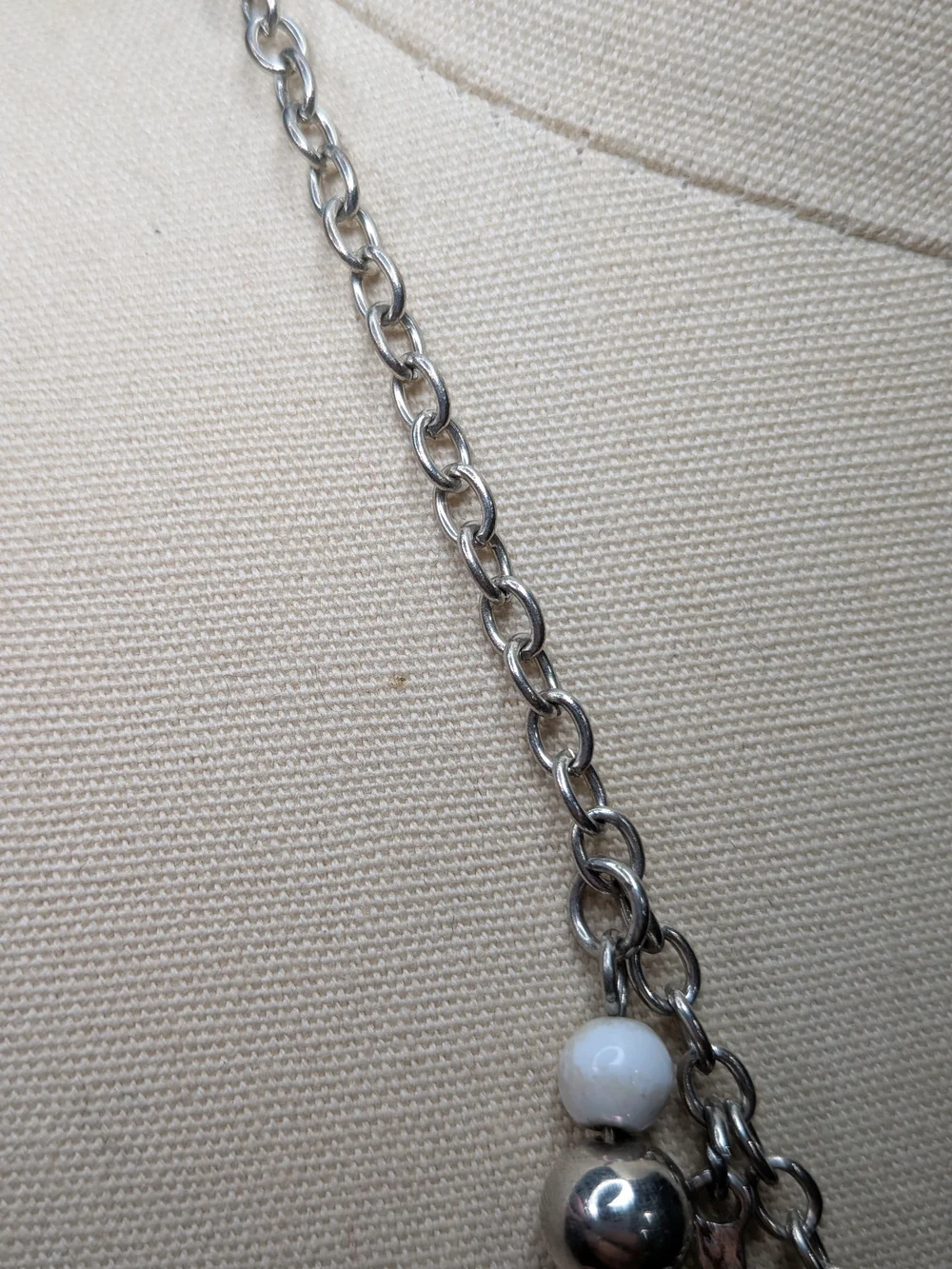 Silver Tone Pearlescent White Drop Statement Necklace Cascading Fringe